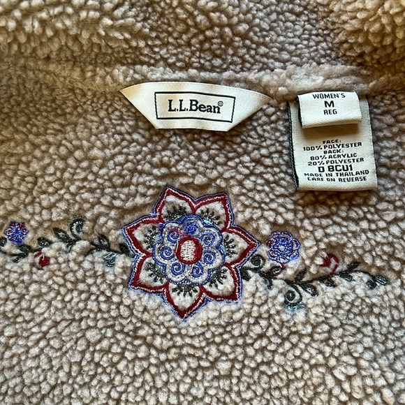 LL Bean Embroidered Faux Suede Sherpa Lined Zip Up Jacket Womens Medium Beige - Picture 4 of 8
